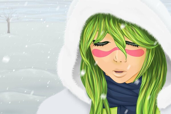 Chica de pelo verde con capucha blanca en invierno