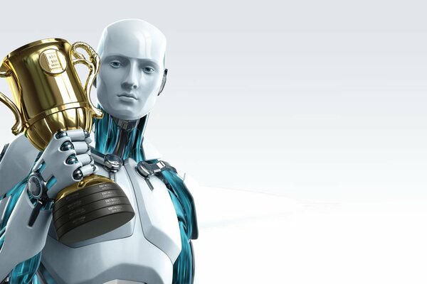 Image minimaliste d un robot avec une tasse sur un fond blanc pour la publicité eset nod32