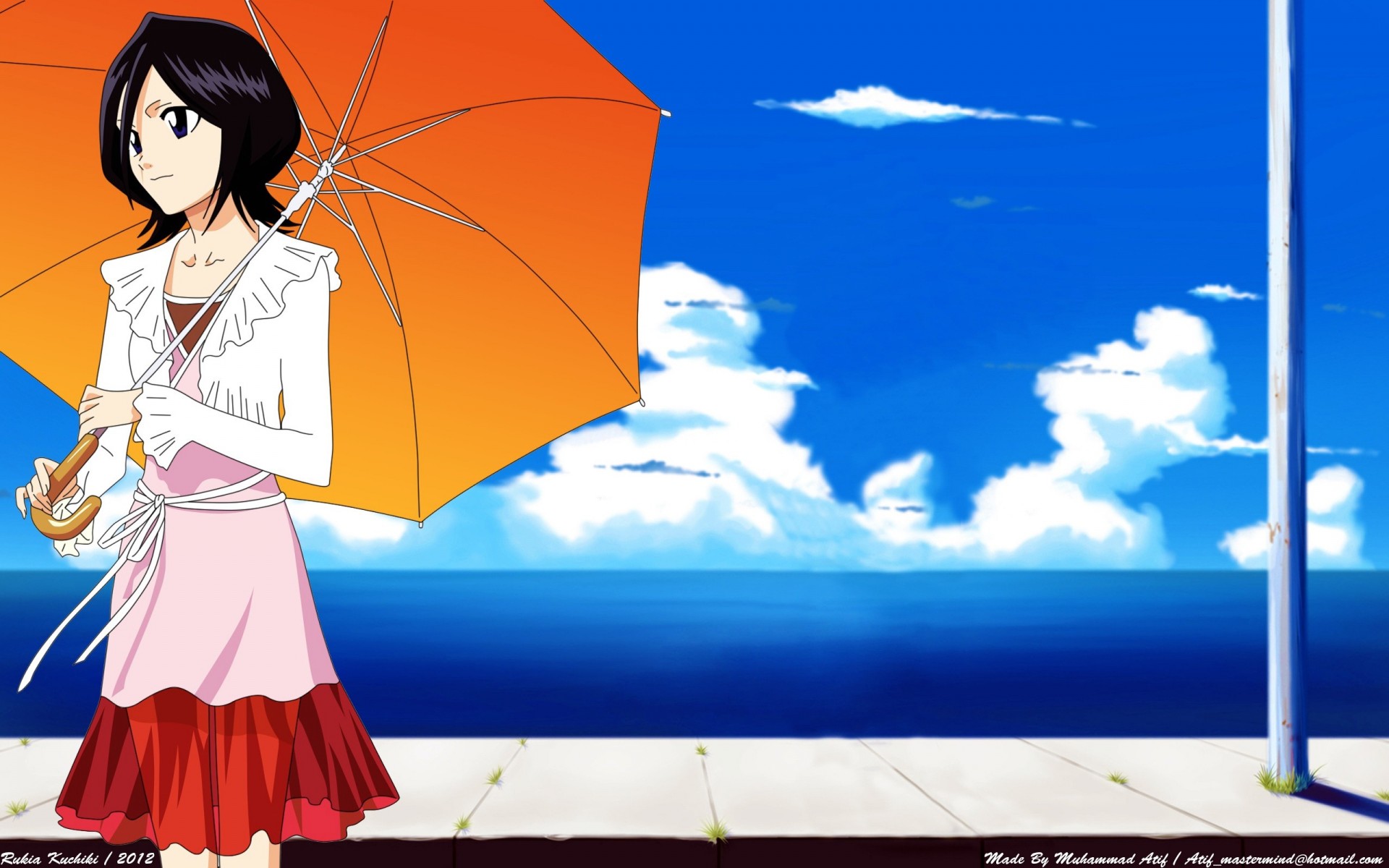 blue eyes short hair clouds black hair water dress kuchiki rukia umbrella