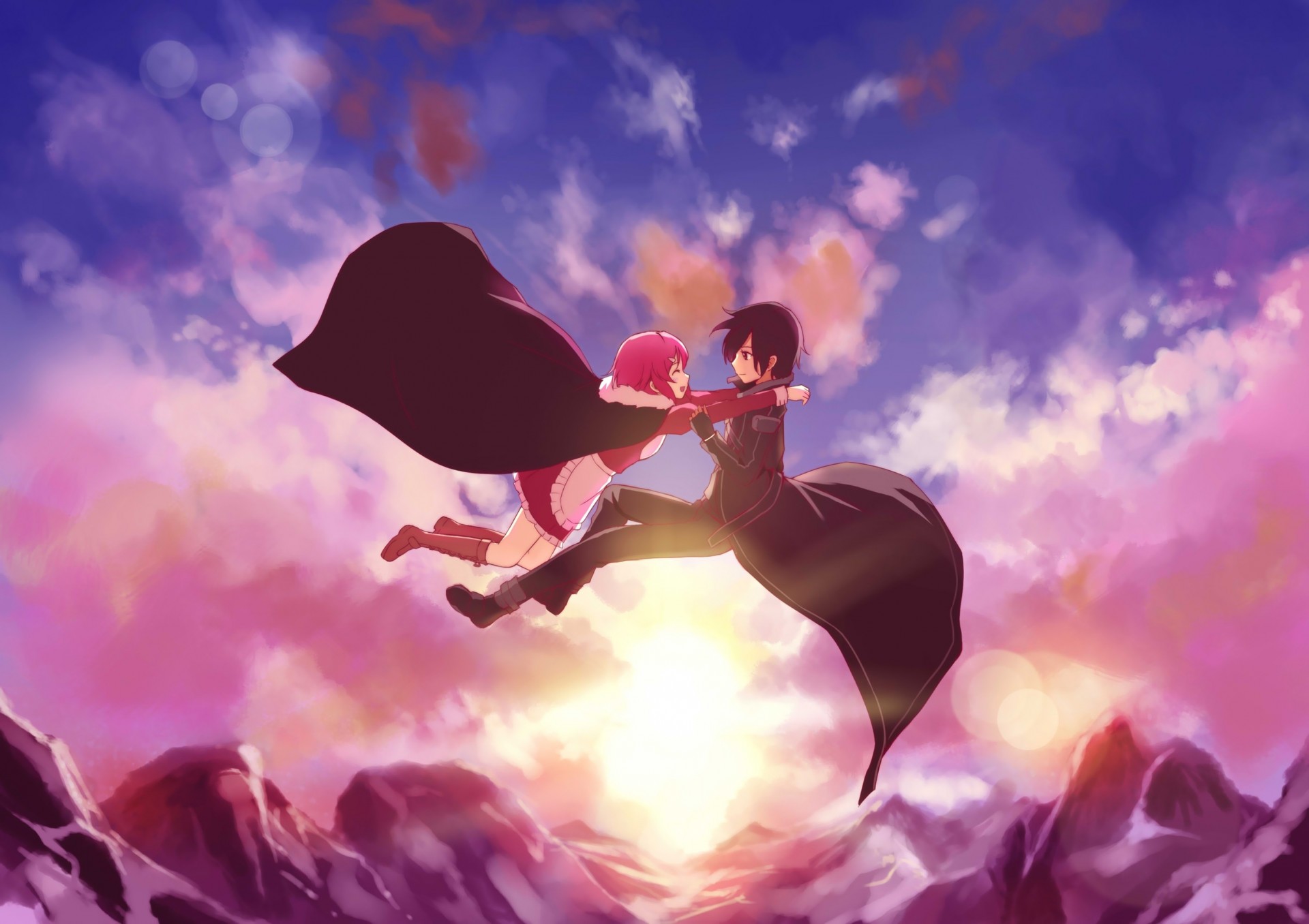 himmel stiefel rosa haare cape kurze haare wolken schwarzes haar handschuhe schürze kirigaya kazuto schwarze augen