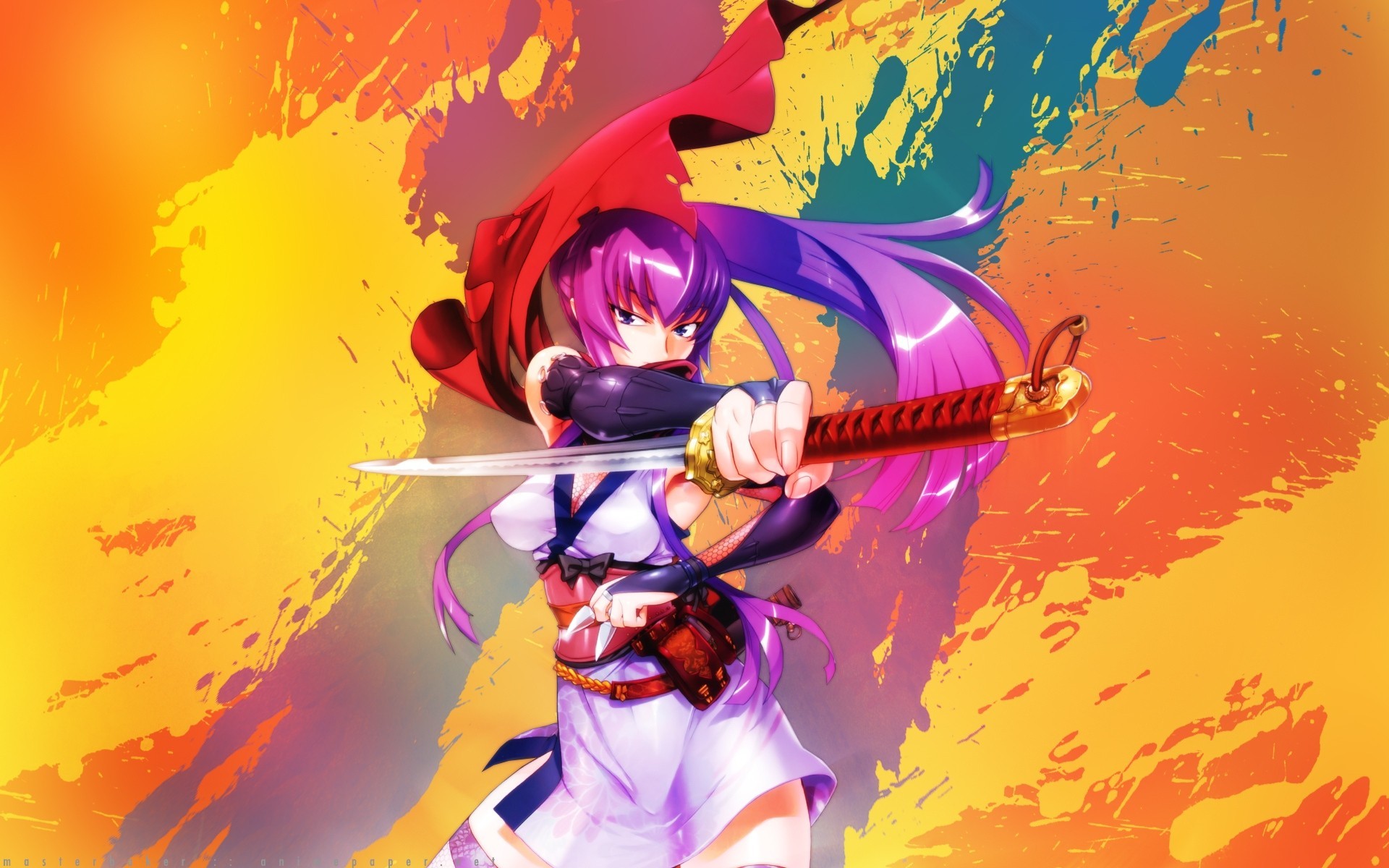 tail ninja purple eyes armour purple hair torment long hair gloves breast japanese clothes katana sword scarf weapon thighhigh