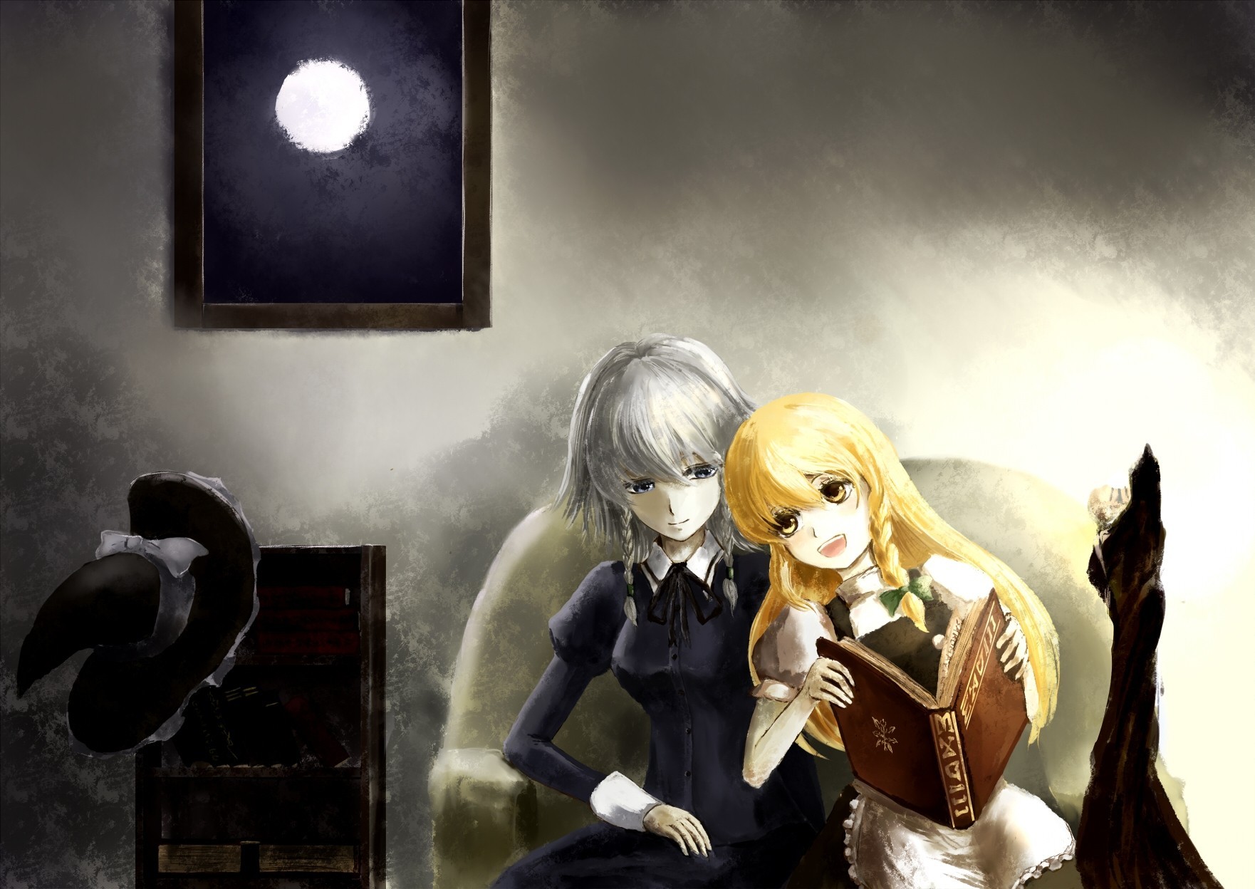 blue eyes short hair spit witch blonde hair hat white hair maid izayoi sakuya 2girls long hair book moon