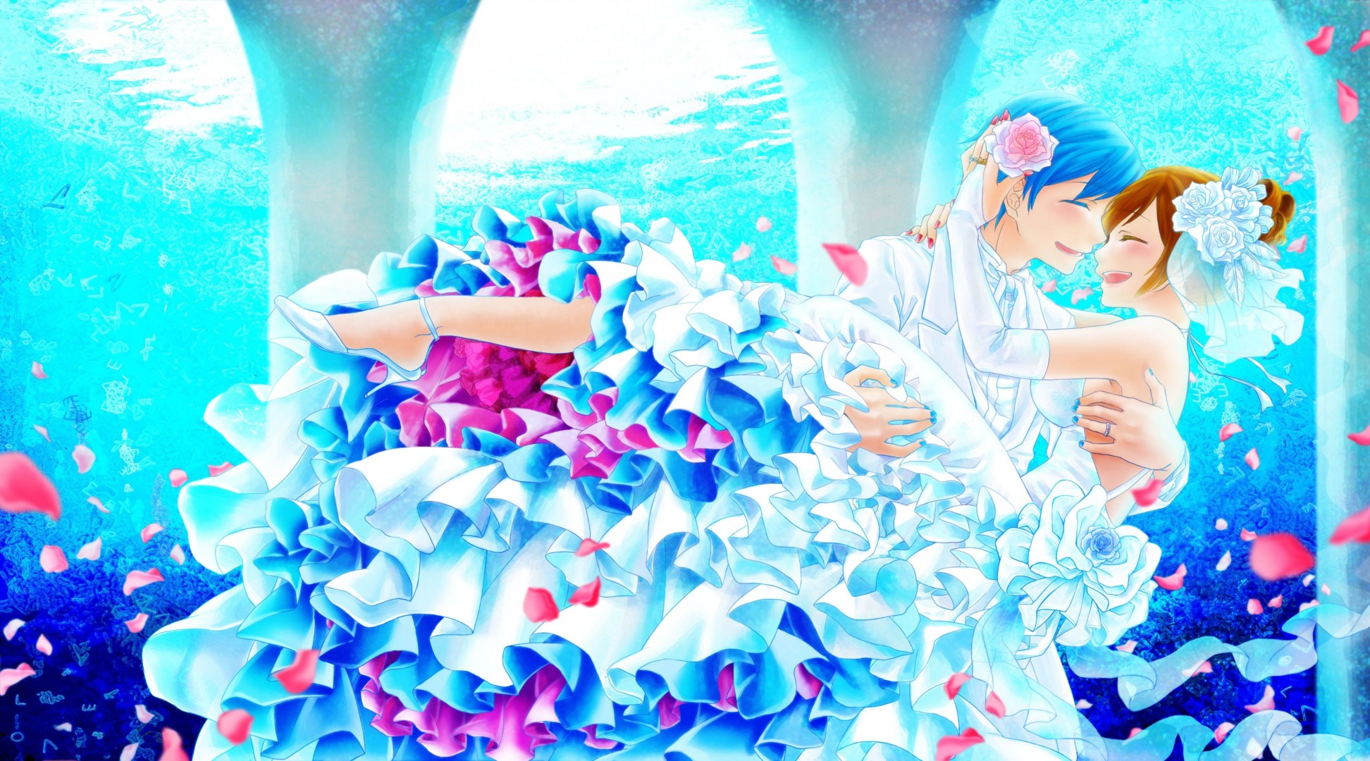 kurzes haar blütenblätter blumen kaito meiko wasser handschuhe kleid hochzeit hochzeitskleid blaues haar braunes haar