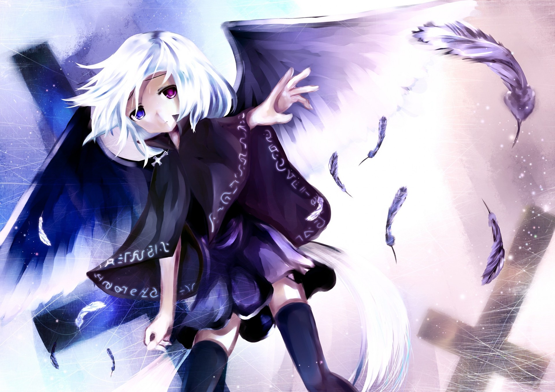 feathers tagme character white hair wings thighhigh