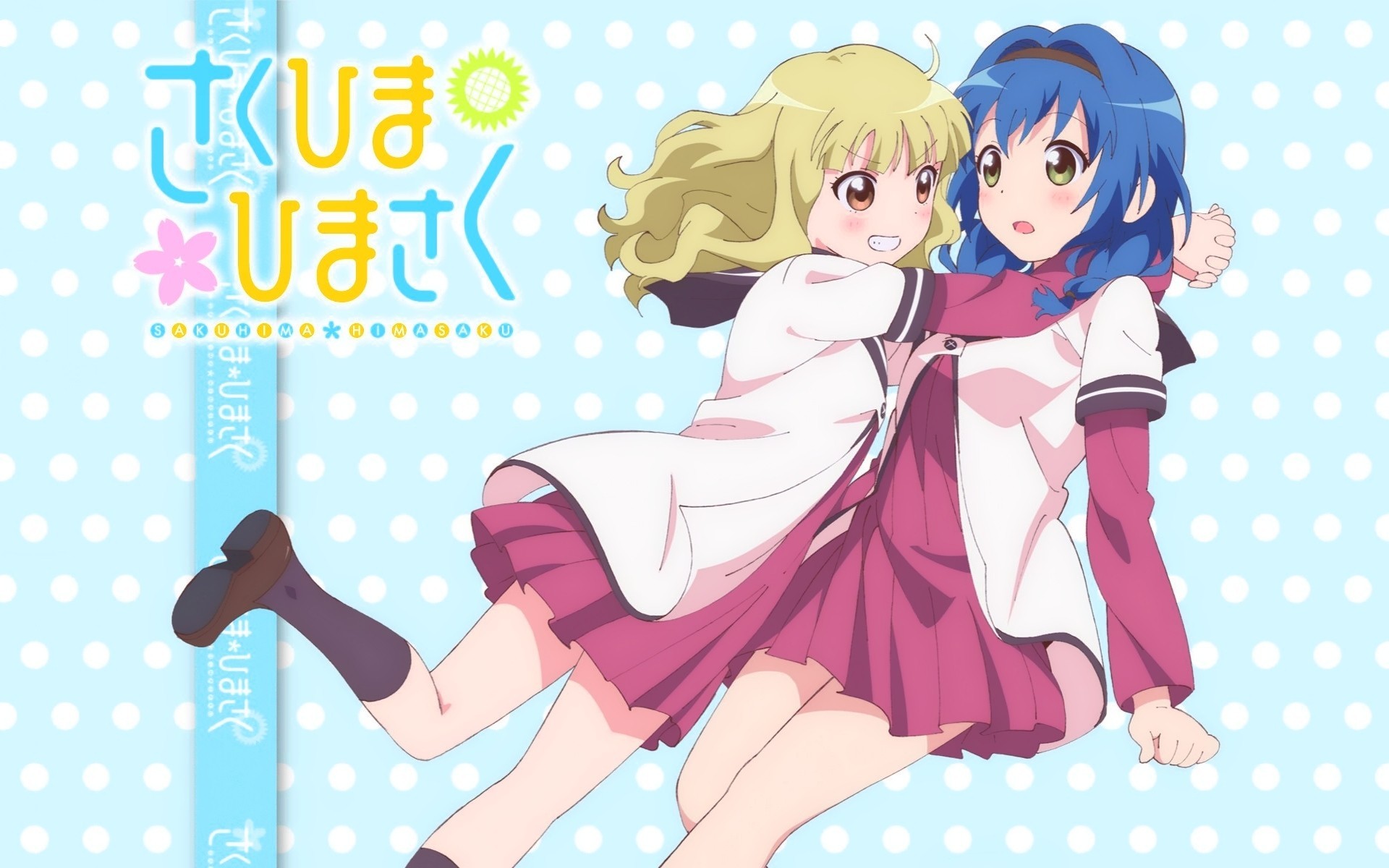 brown eyes blonde hair blush green eyes 2girls omuro sakurako himawari furutani blue hair