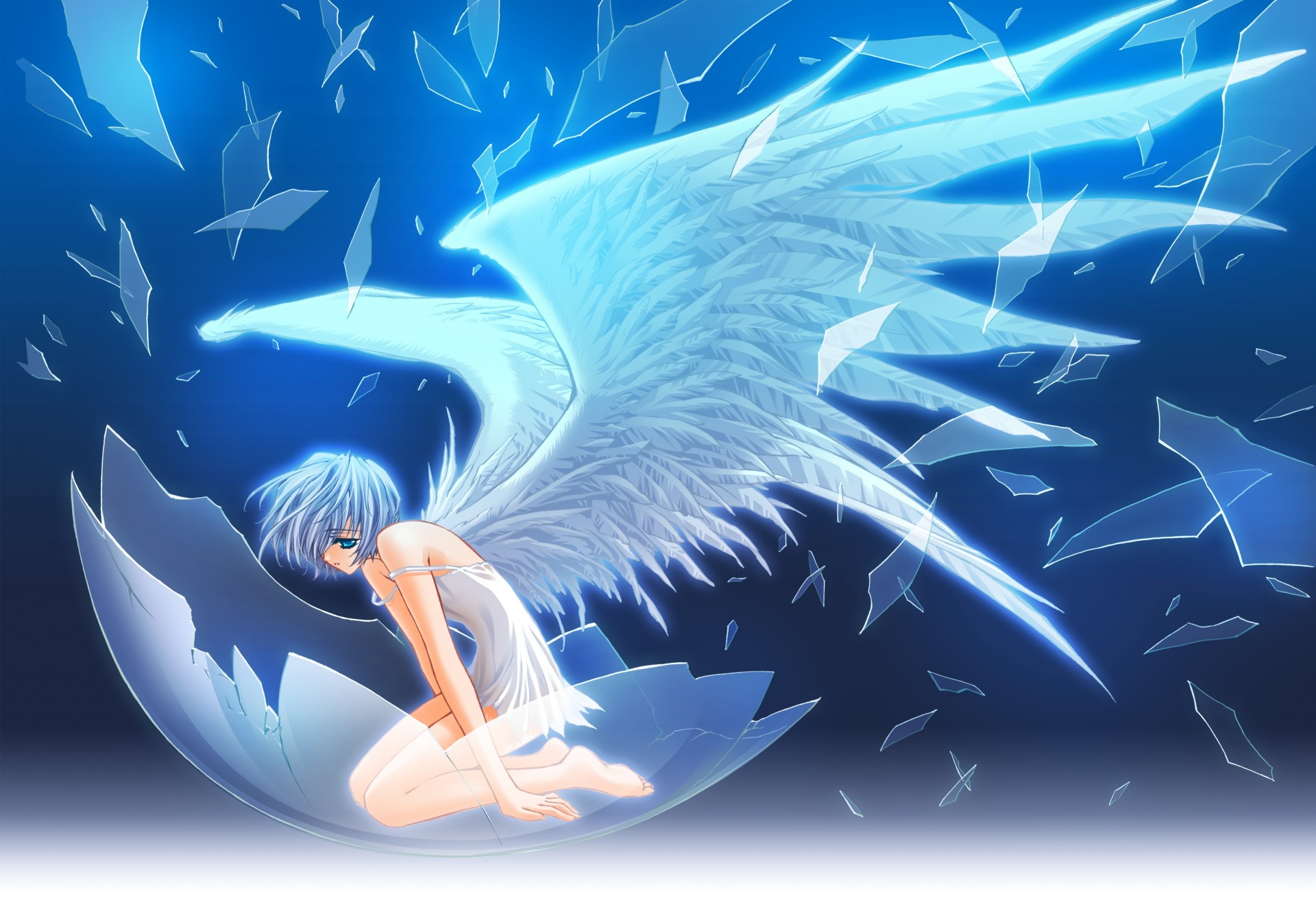 blue eyes short hair barefoot blue angel dress wings blue hair