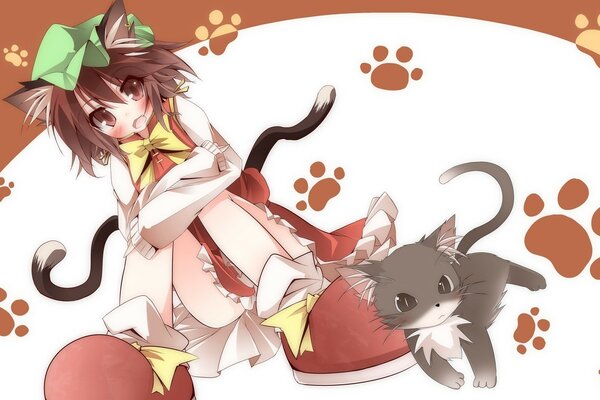 Chica con gato y cola sentada en el Suelo