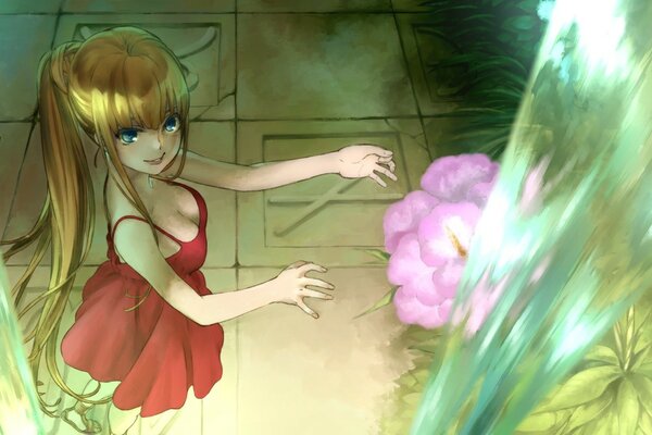 Une fille de style anime se tient à côté d une grande fleur