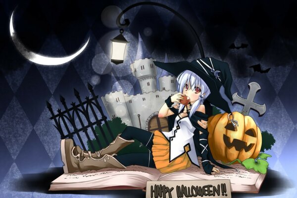 An anime-style girl is sitting next to a pumpkin