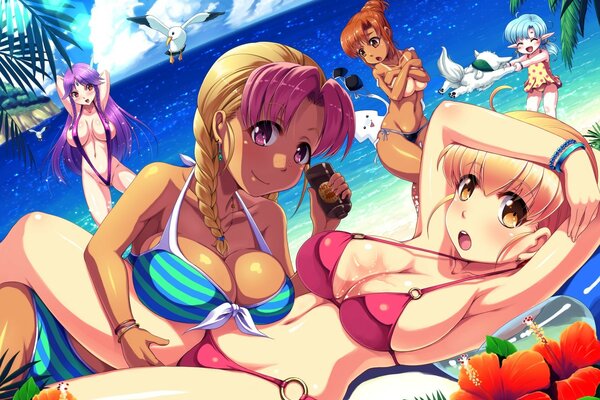 Two girls in swimsuits relax on the beach