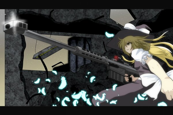 A blonde girl in a hat with a bow and a weapon in a belligerent pose