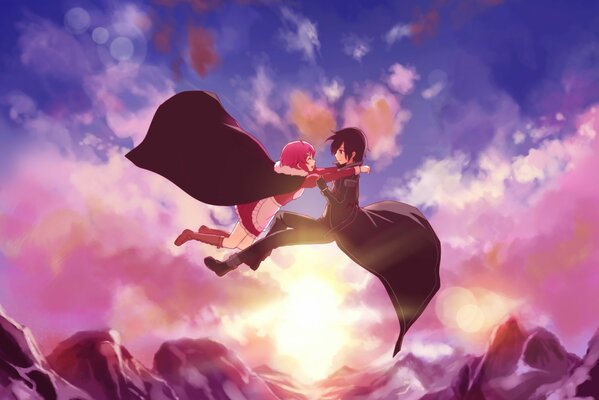 Anime drawing. Flying girl and guy
