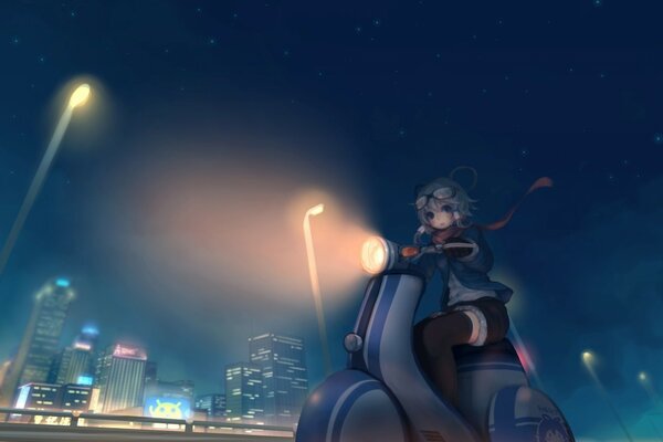 A girl on a moped rides at night