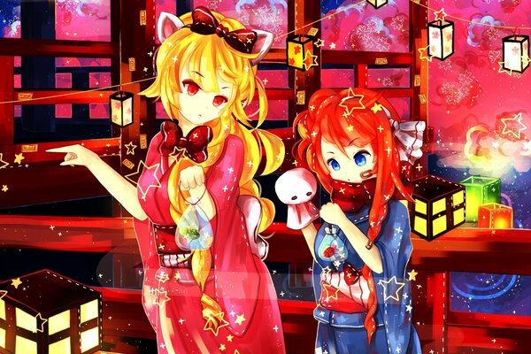 Dos chicas con orejas de animales en kimono