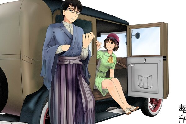 Rysunek anime. Dwie kobiety i samochód