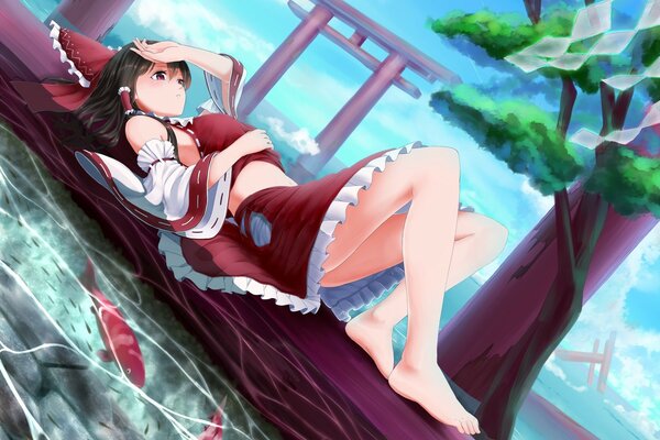 Anime drawing. A girl in red lying near a pond