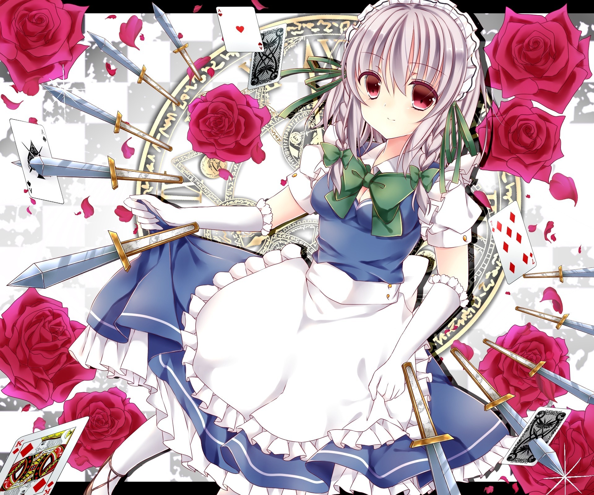 hort hair spit tapes maid knife torment izayoi sakuya red eyes rose apron magic circle flower white hair weapon