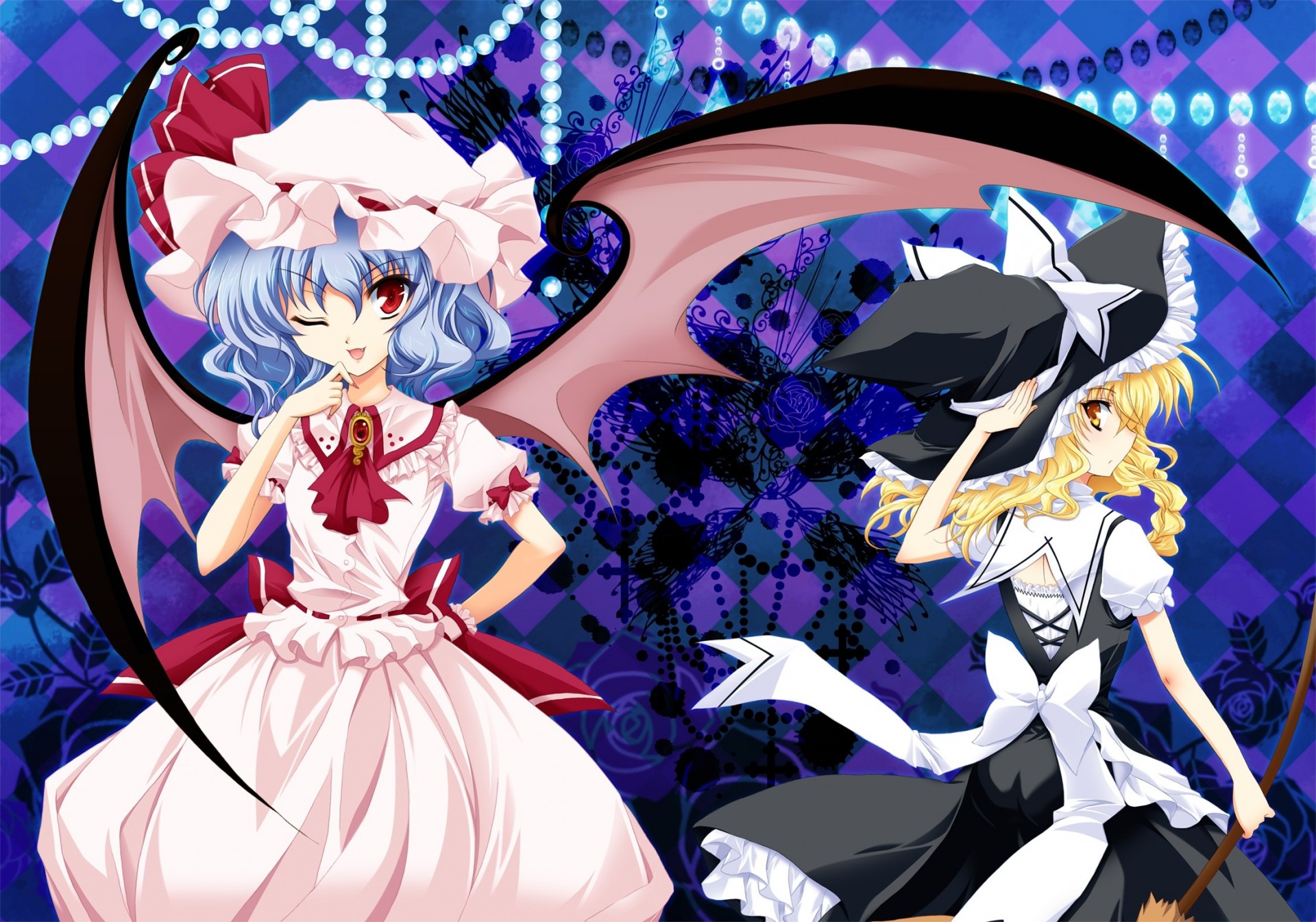 hort hair wink 2girls blonde hair hat vampire red eyes apron witch fang wings remilia scarlet blue hair