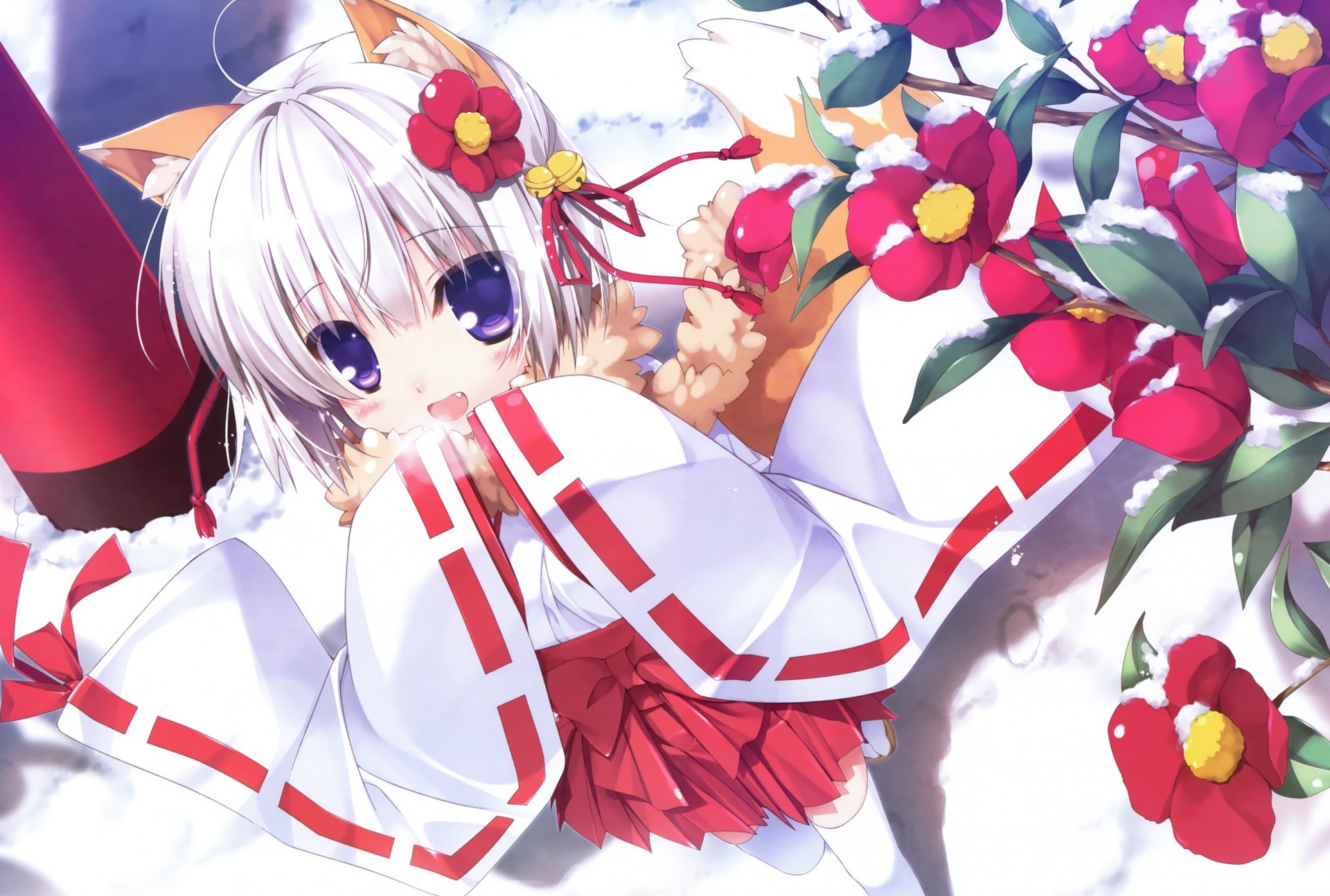 blue eyes short hair snow japanese clothes thighhighs white hair flower tail animal ear