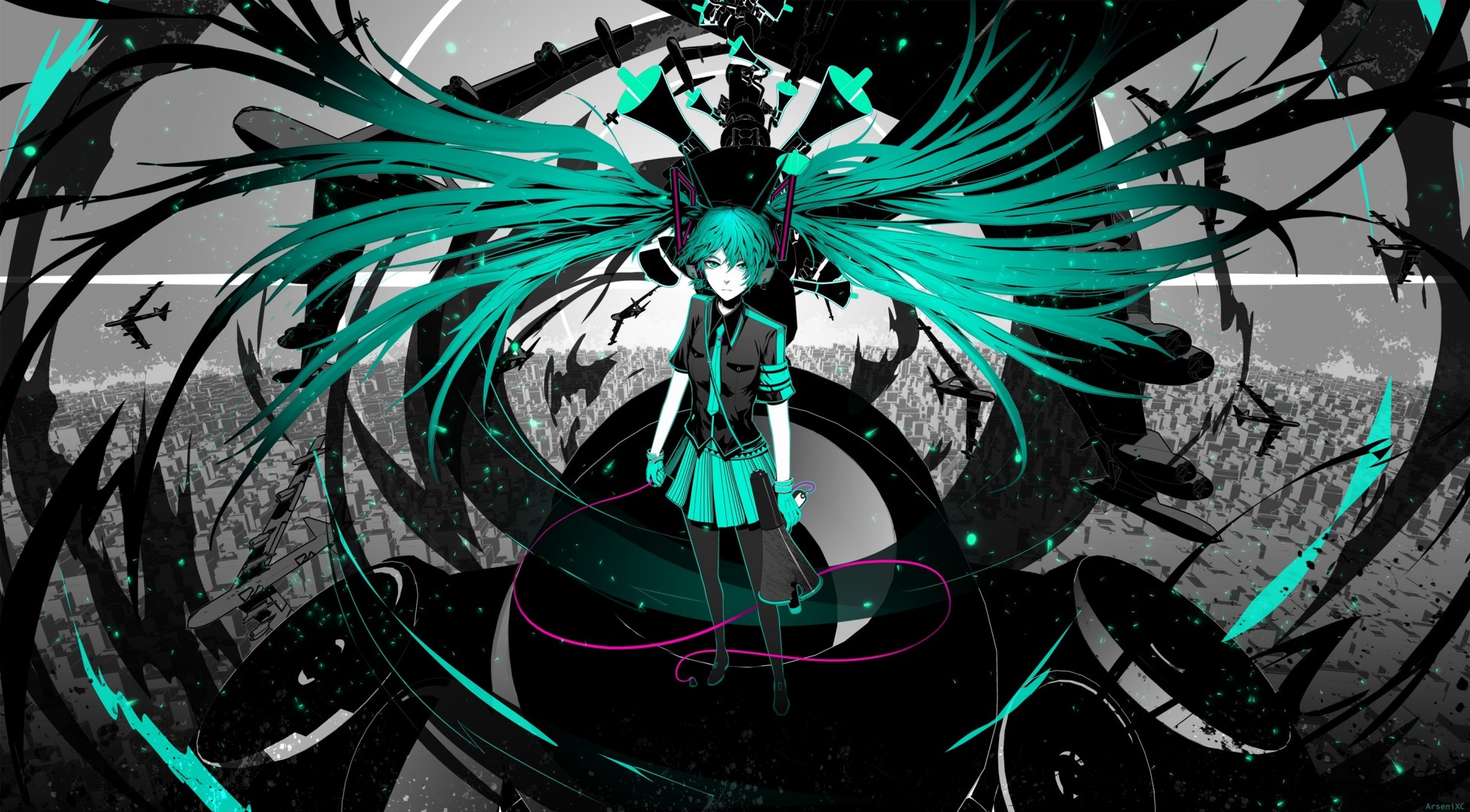 avion cheveux longs hatsune miku collants twintail