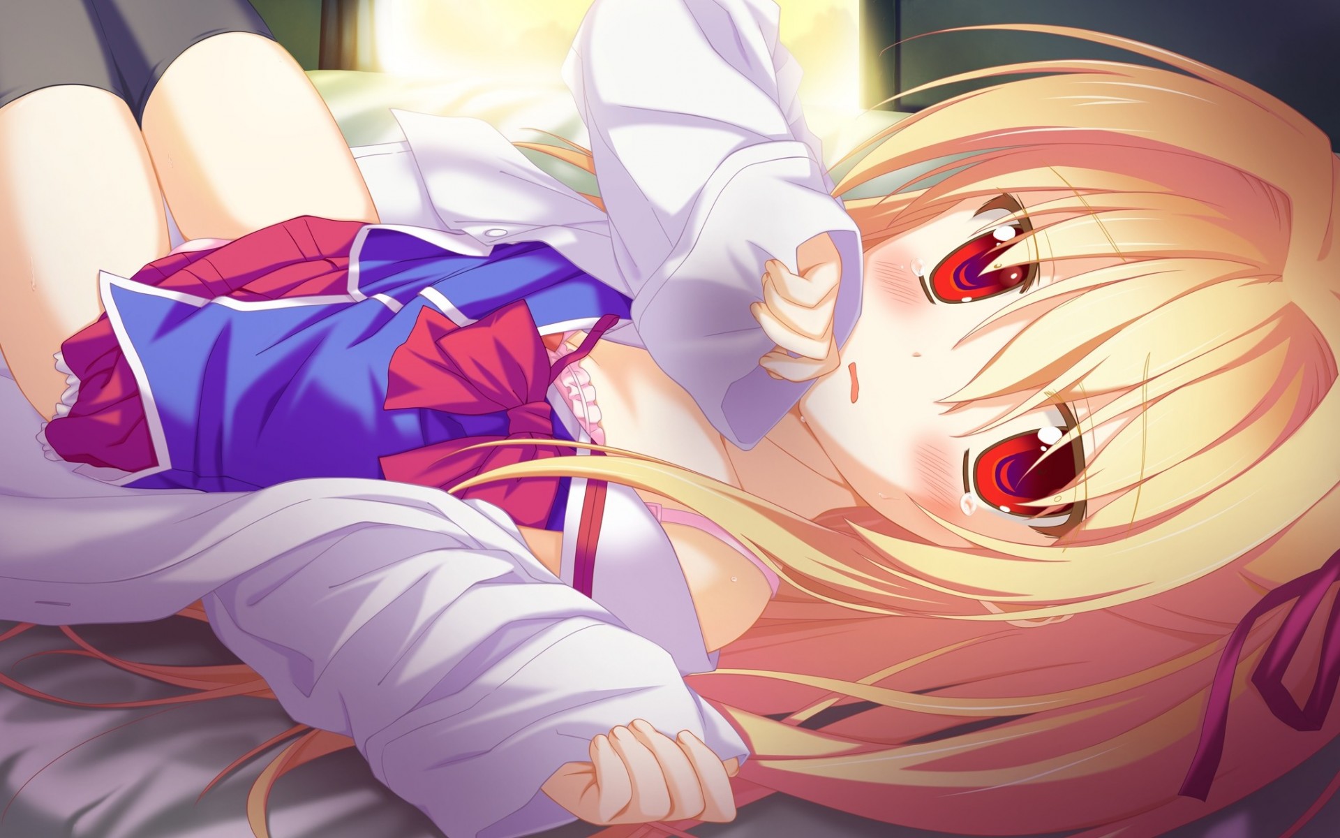 tapes blonde hair tears blush skirt torment red eyes long hair stockings underwear shorts bra