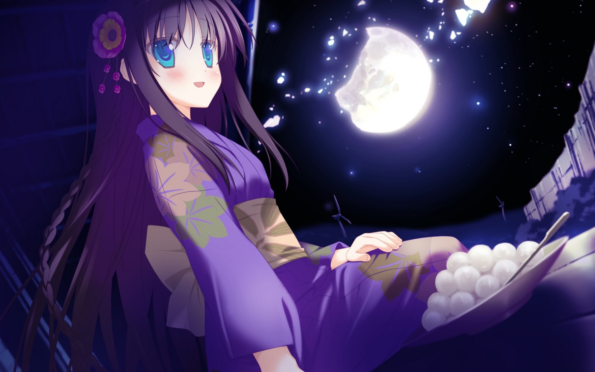 long hair blush black hair night japanese clothes kimono moon flower food