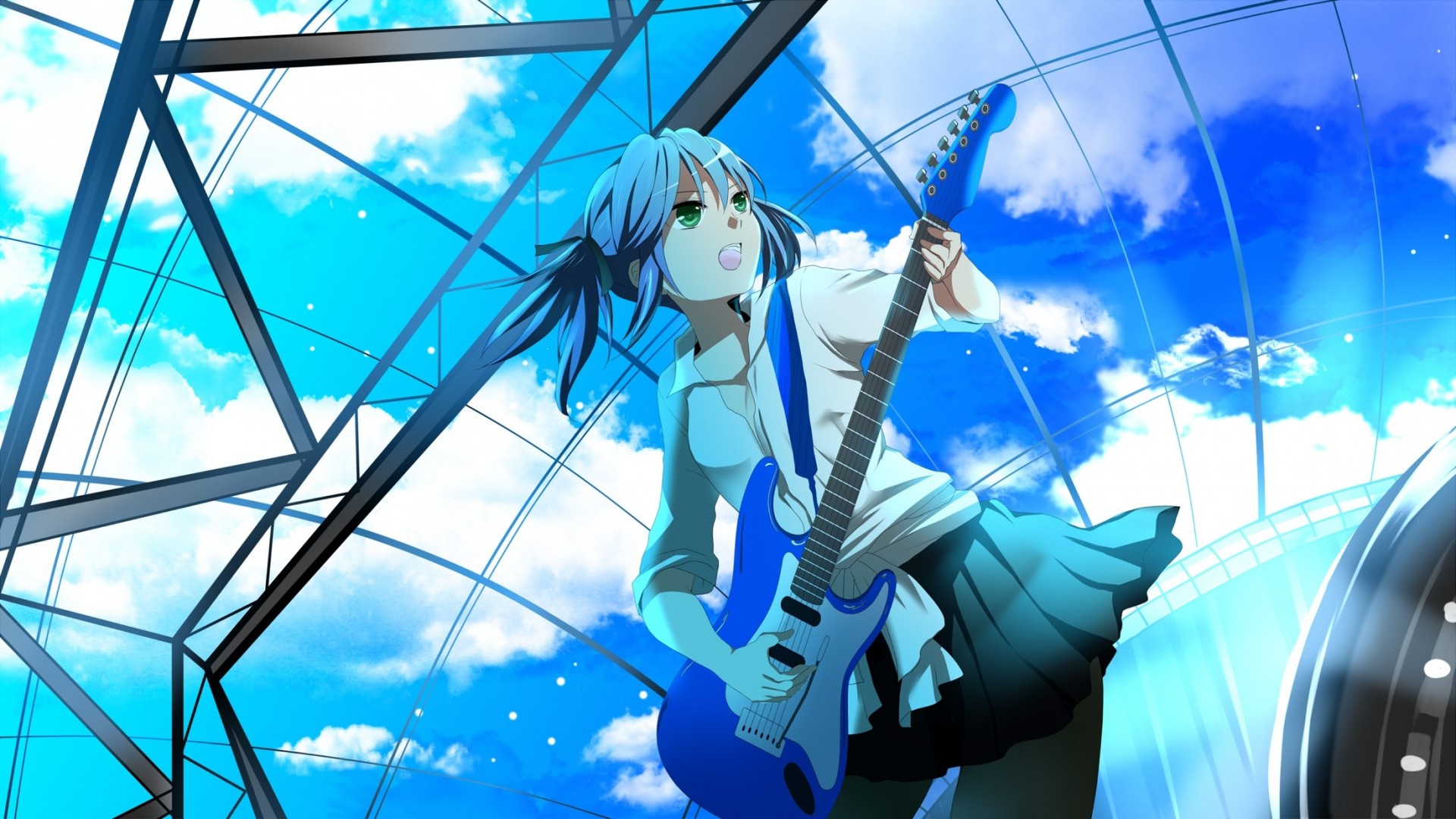 green eyes twintails guitars device hatsune miku blue hair