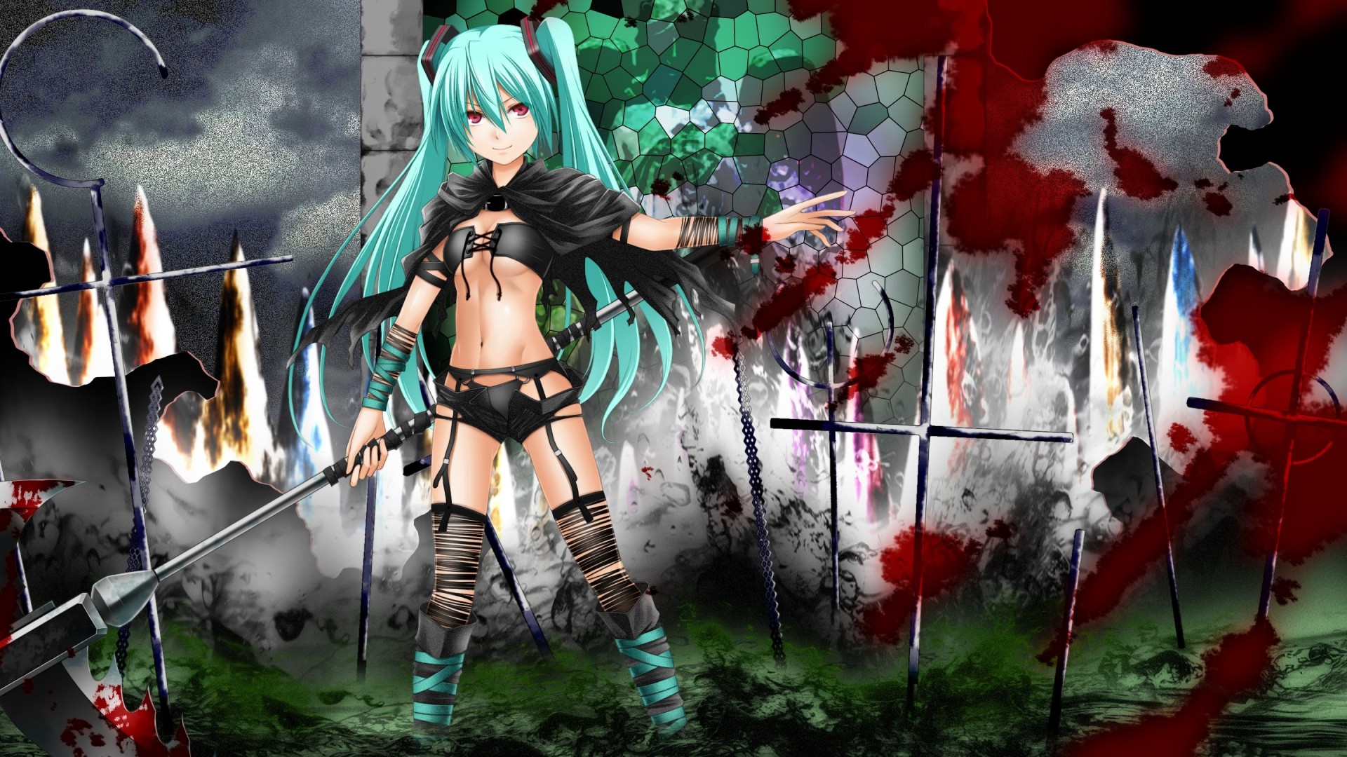 twintails hatsune miku yeux rouges arme cheveux longs tresse sang nombril thighhigh