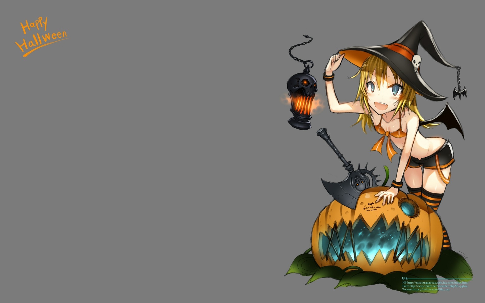 blue eyes blonde hair bikini hat witch hat weapon pumpkin wings thighhigh