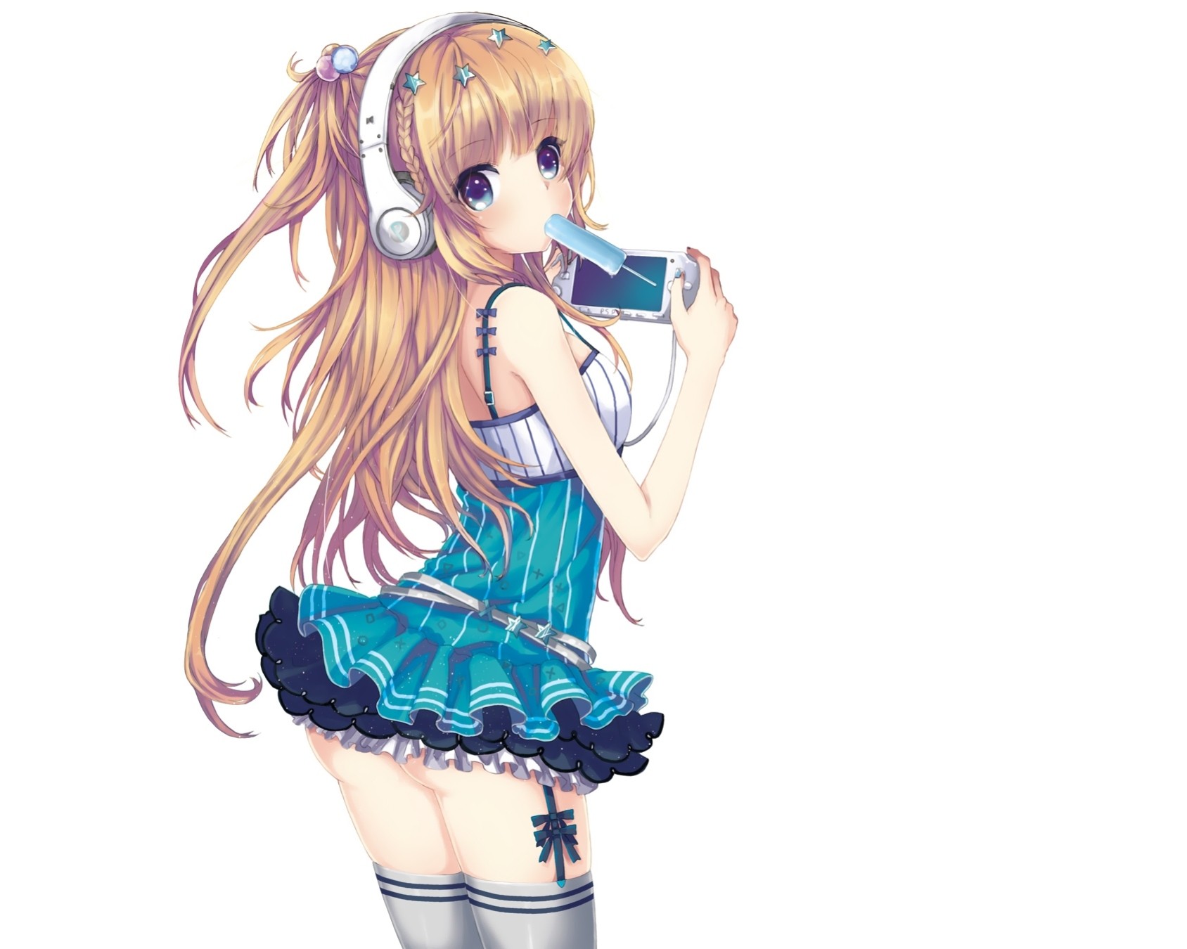 blue eyes blonde hair skirt long hair blue white psp popsicle headphones ice cream thighhigh