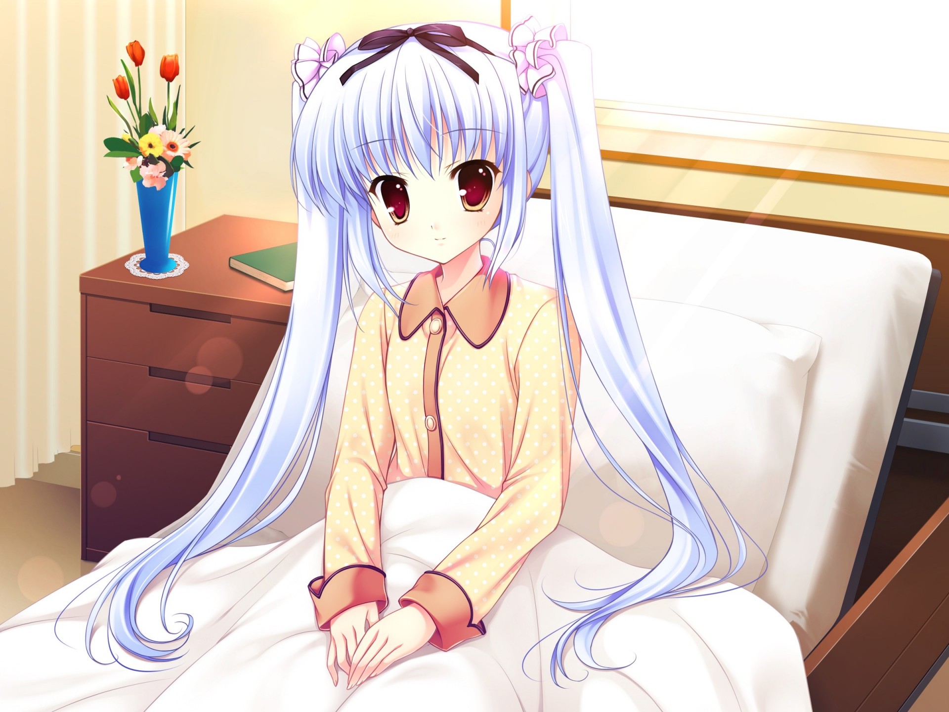 yeux bruns cheveux longs lit twintails livre cheveux blancs fleurs pyjama