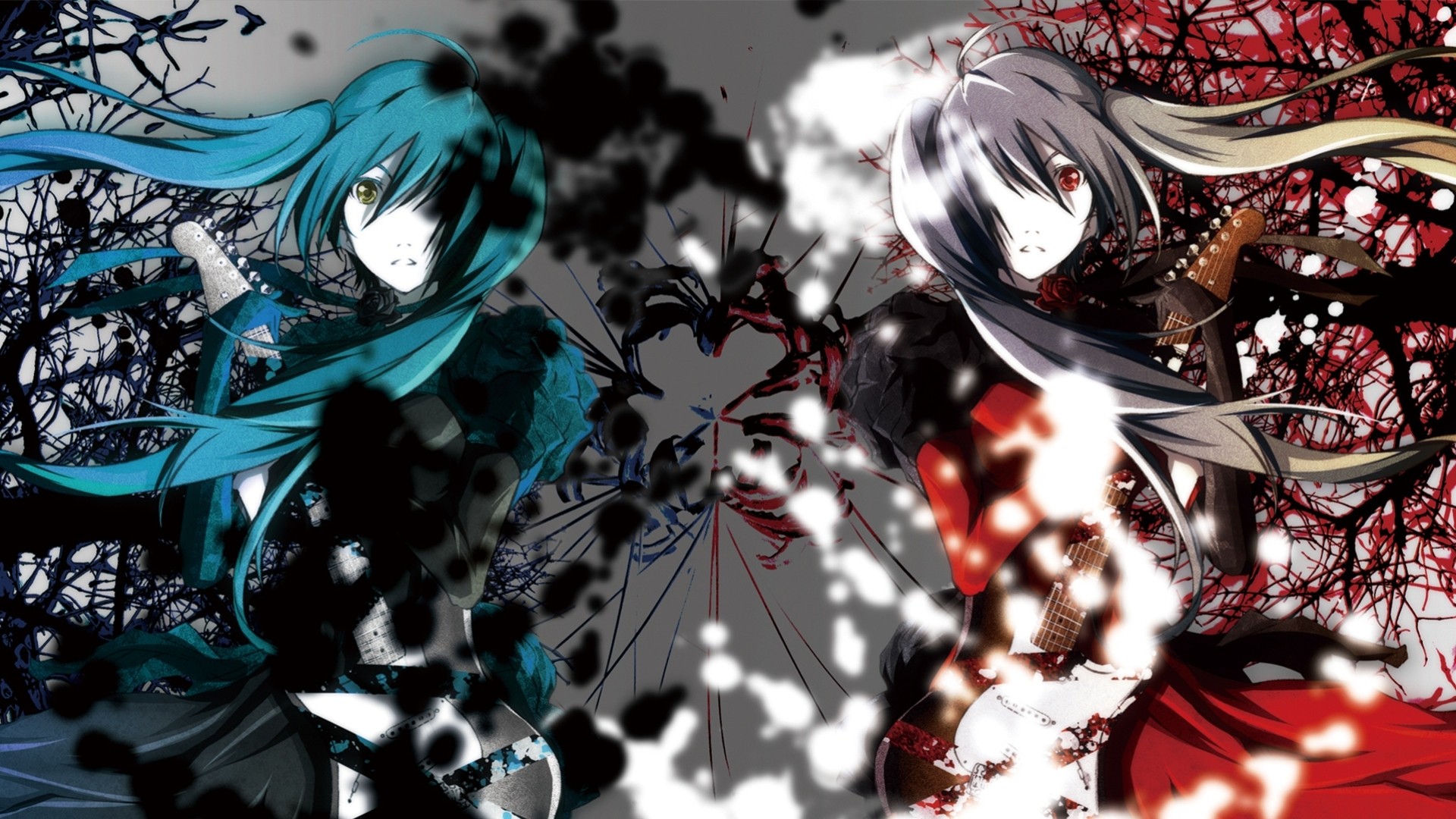 white hair red eyes flower dress guitars device hatsune miku