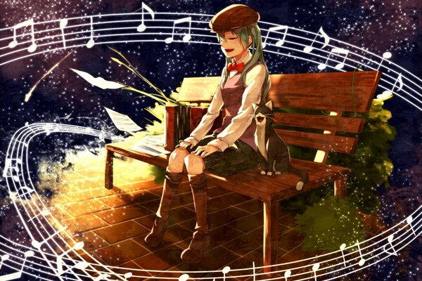 A girl with a cat sitting on a bench. Music