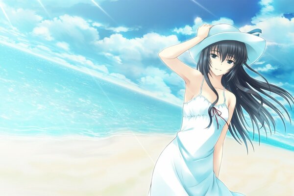 Ocean, coast, anime, girl in blue dress