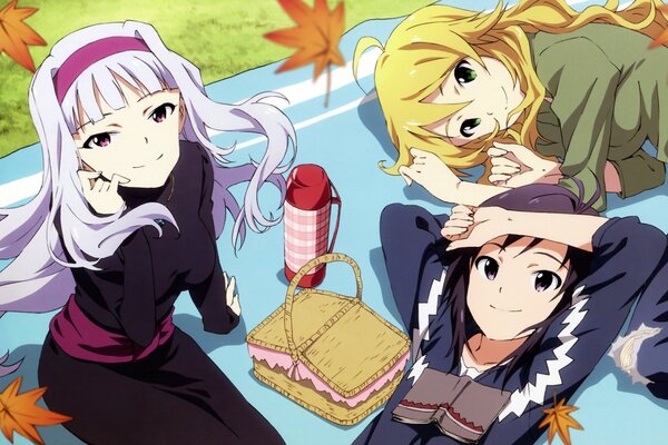 Anime, trójka przyjaciół na pikniku