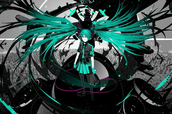 Hatsune miku con cabello turquesa en un avión