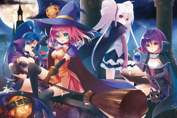 Witches on a broom, Halloween with pumpkins