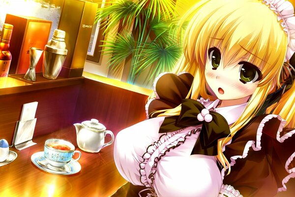 Anime girl sitzt in einem Café