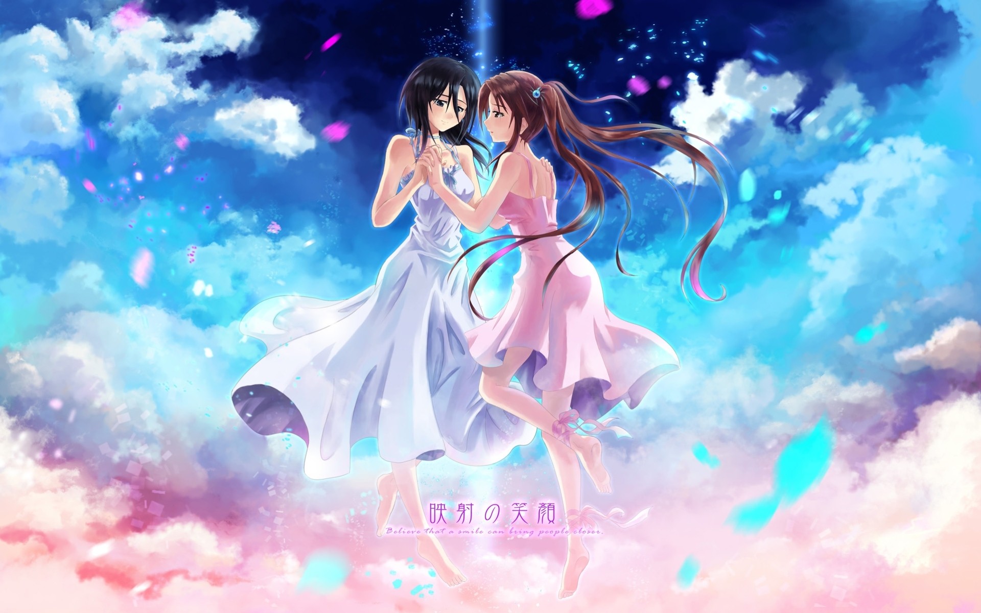 petals barefoot 2girls clouds black hair tagme twintails tapes dress brown hair