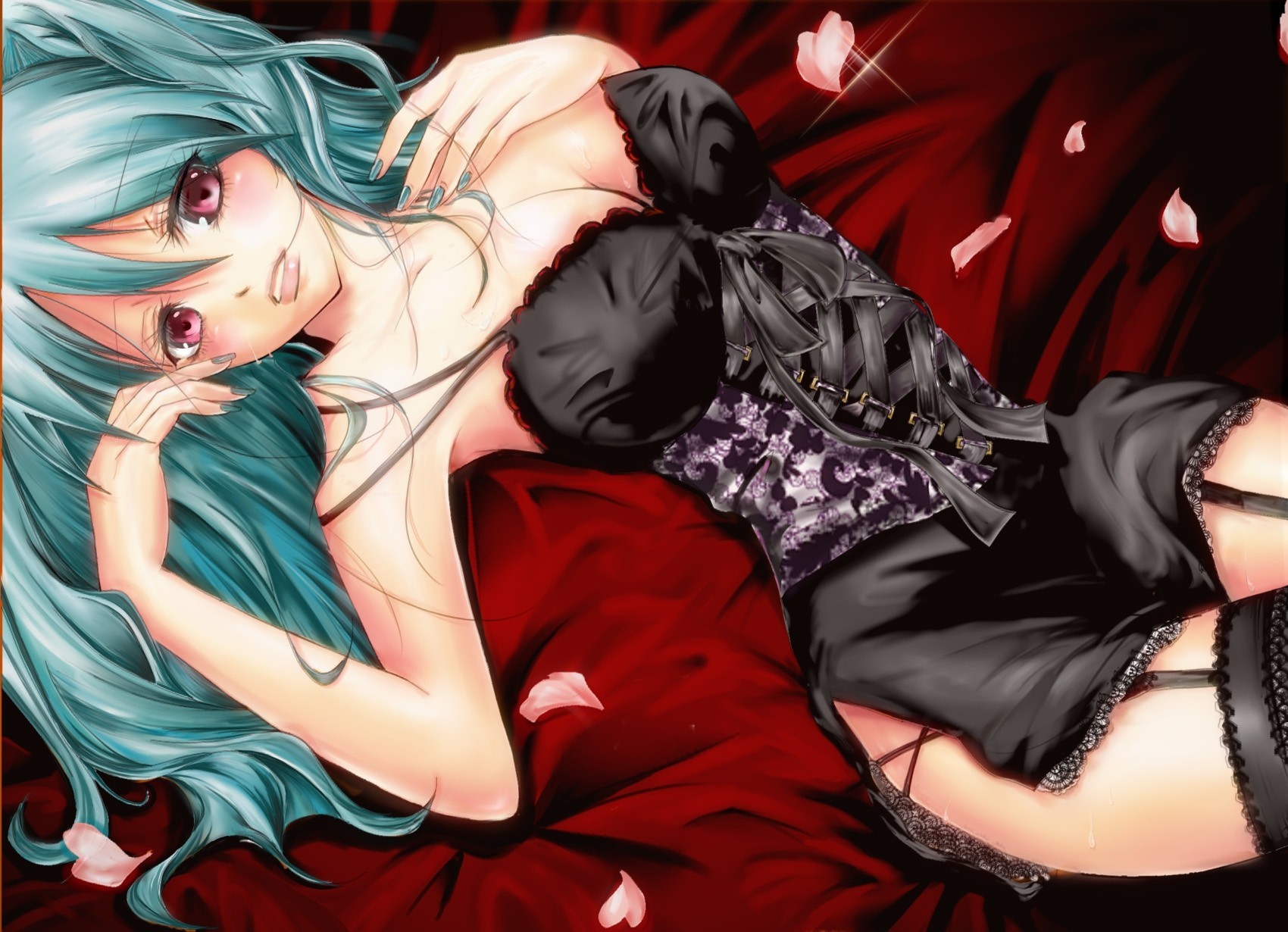 tears corset breast pink eyes hatsune miku