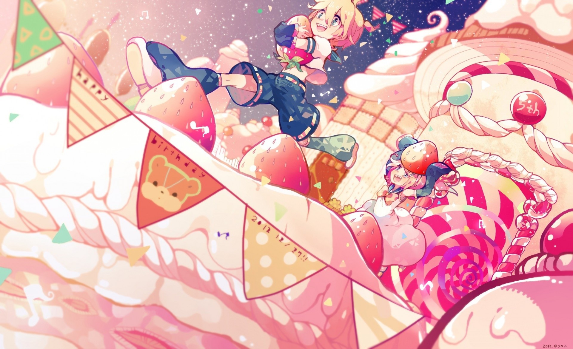 hort hair blonde hair kagamine rin kagamine len torment green eyes cake shorts strawberry