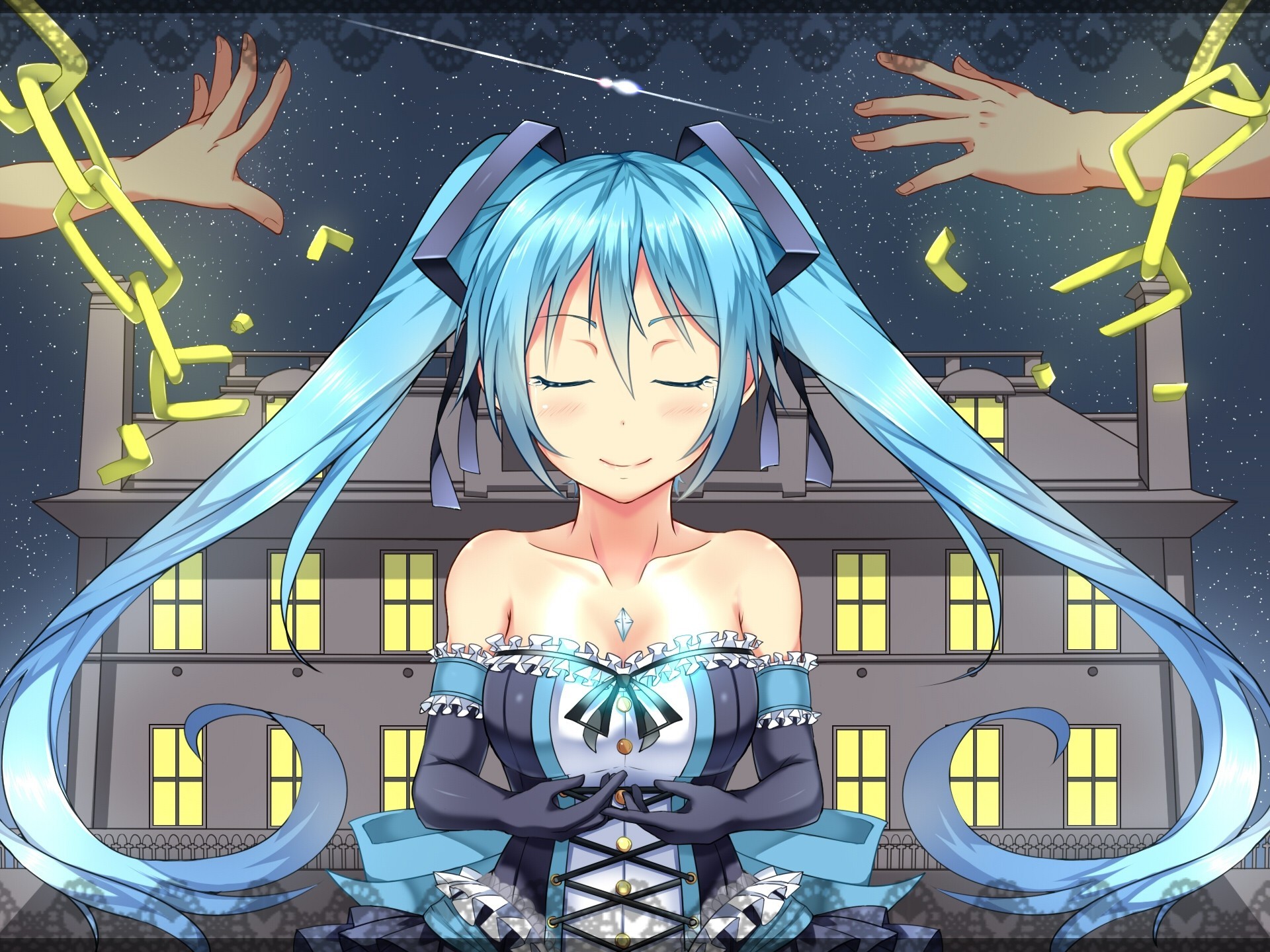 long hair blush twintails dress hatsune miku blue hair