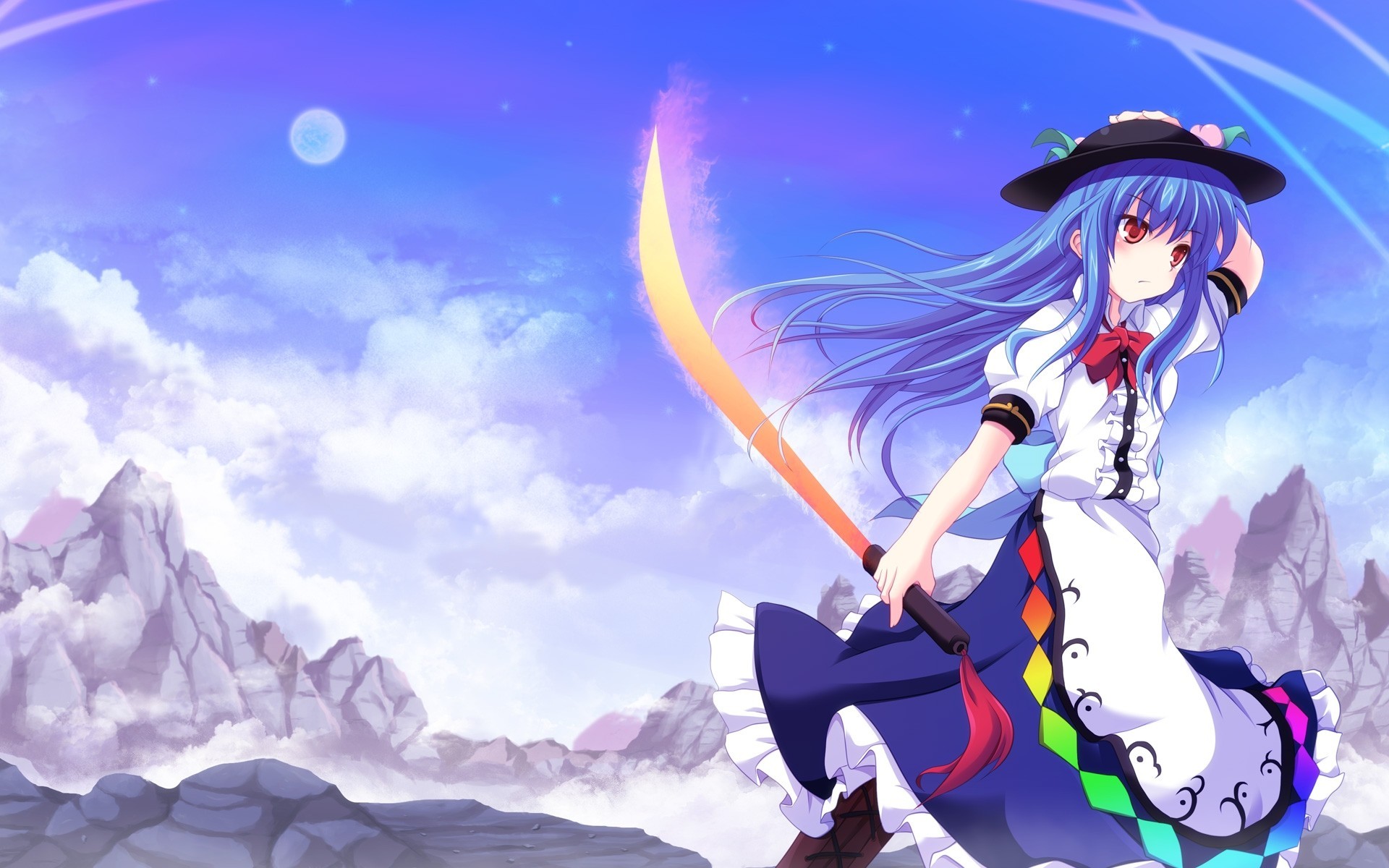 ciel hinanawi tenshi nuages arme chapeau lune épée s habiller cheveux bleus