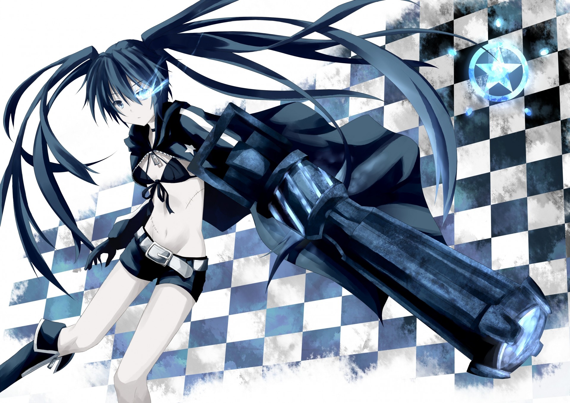 blaue augen fliegende festung stiefel bikini schwarzes haar langes haar twintails arme kuroi mato shorts narbe