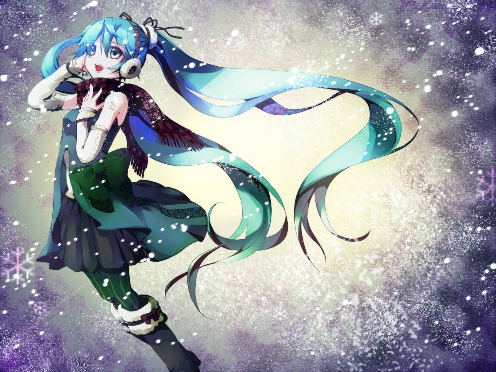 dress snow long hair hatsune miku torment scarf tights twintails microphone blue hair