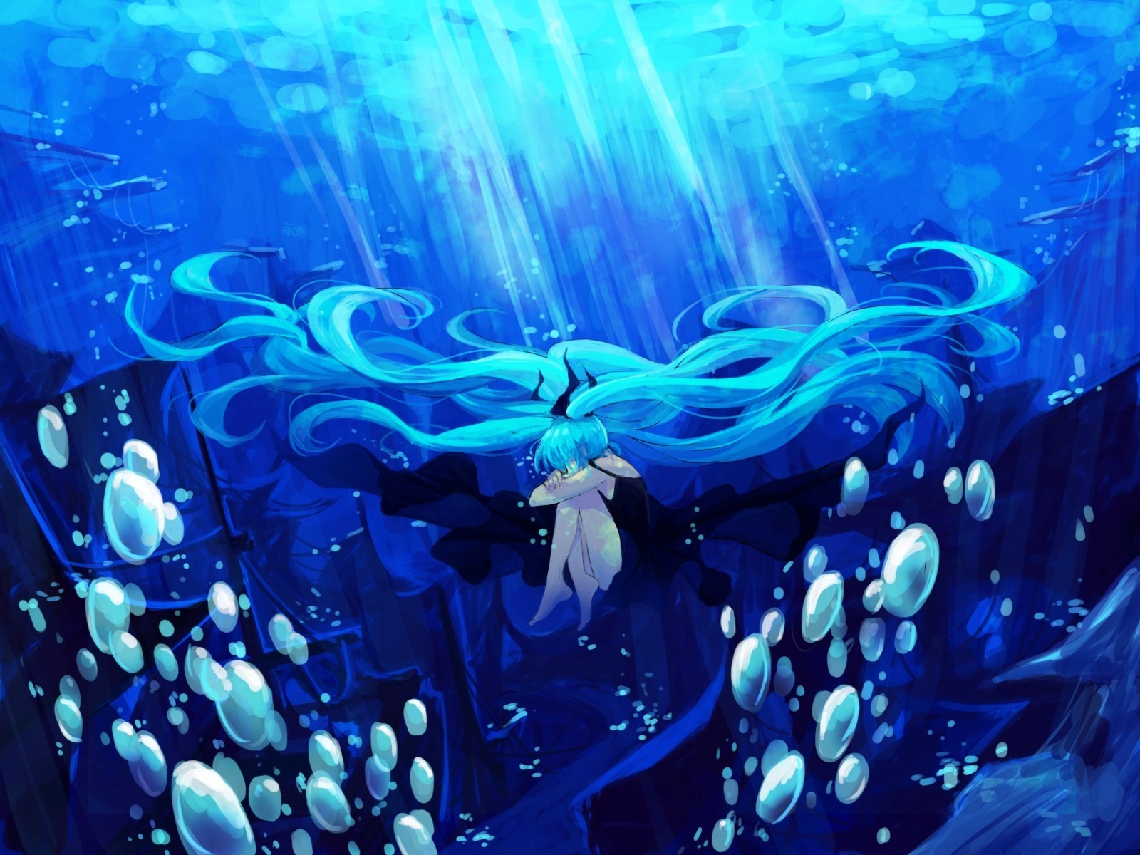 underwater hatsune miku bubbles twintail