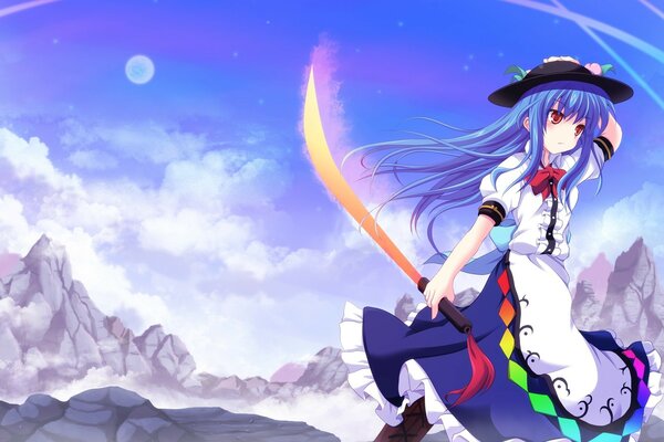 Sky, mountains, girl with a sword anime