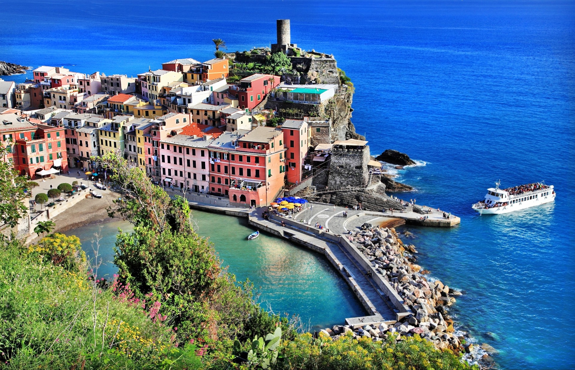 italy stones landscape vernazza tree coast nature town cinque terre province ligurian sea boat house