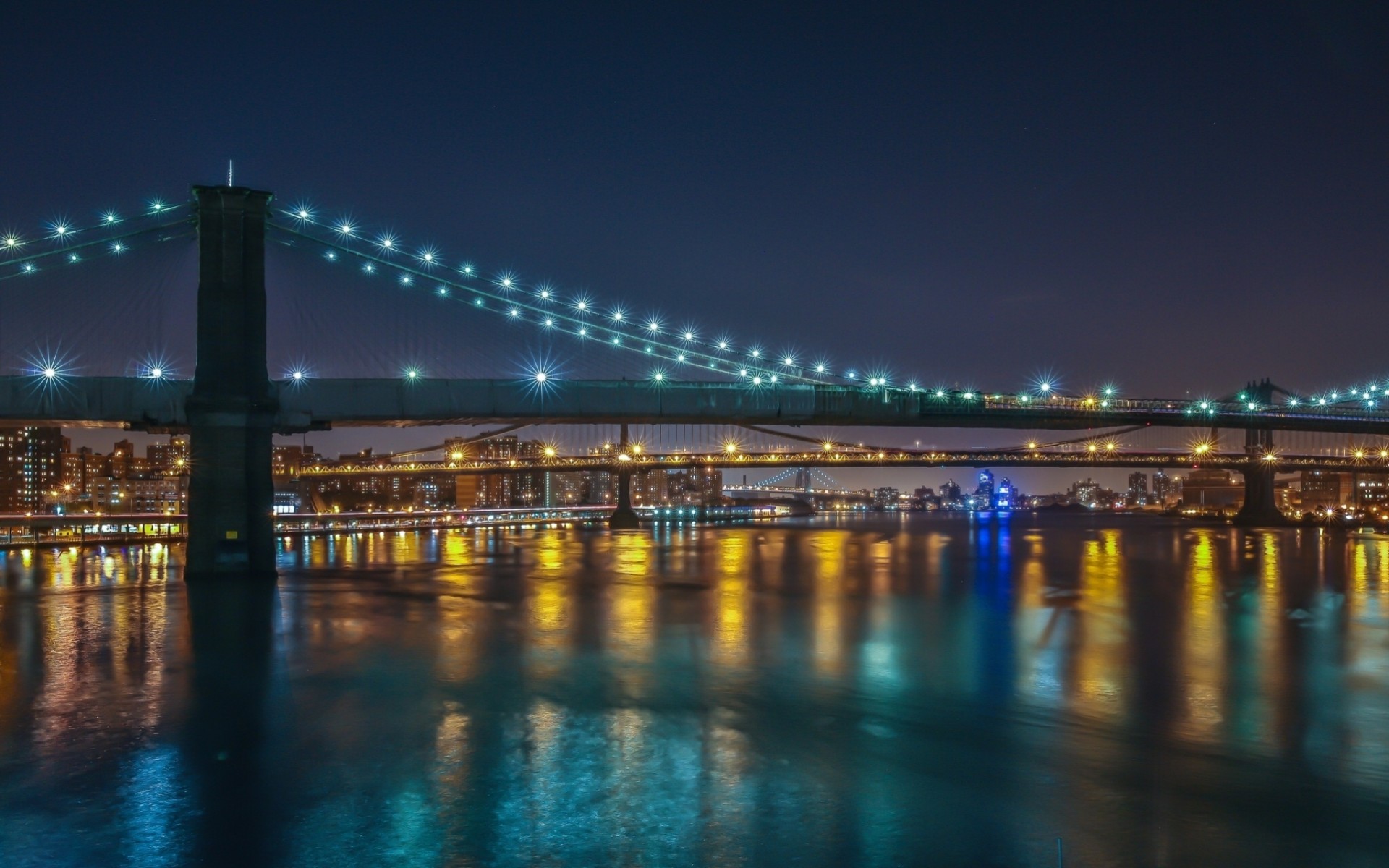 east river lights river brooklyn bridge new york manhattan bridge bridge night city strait