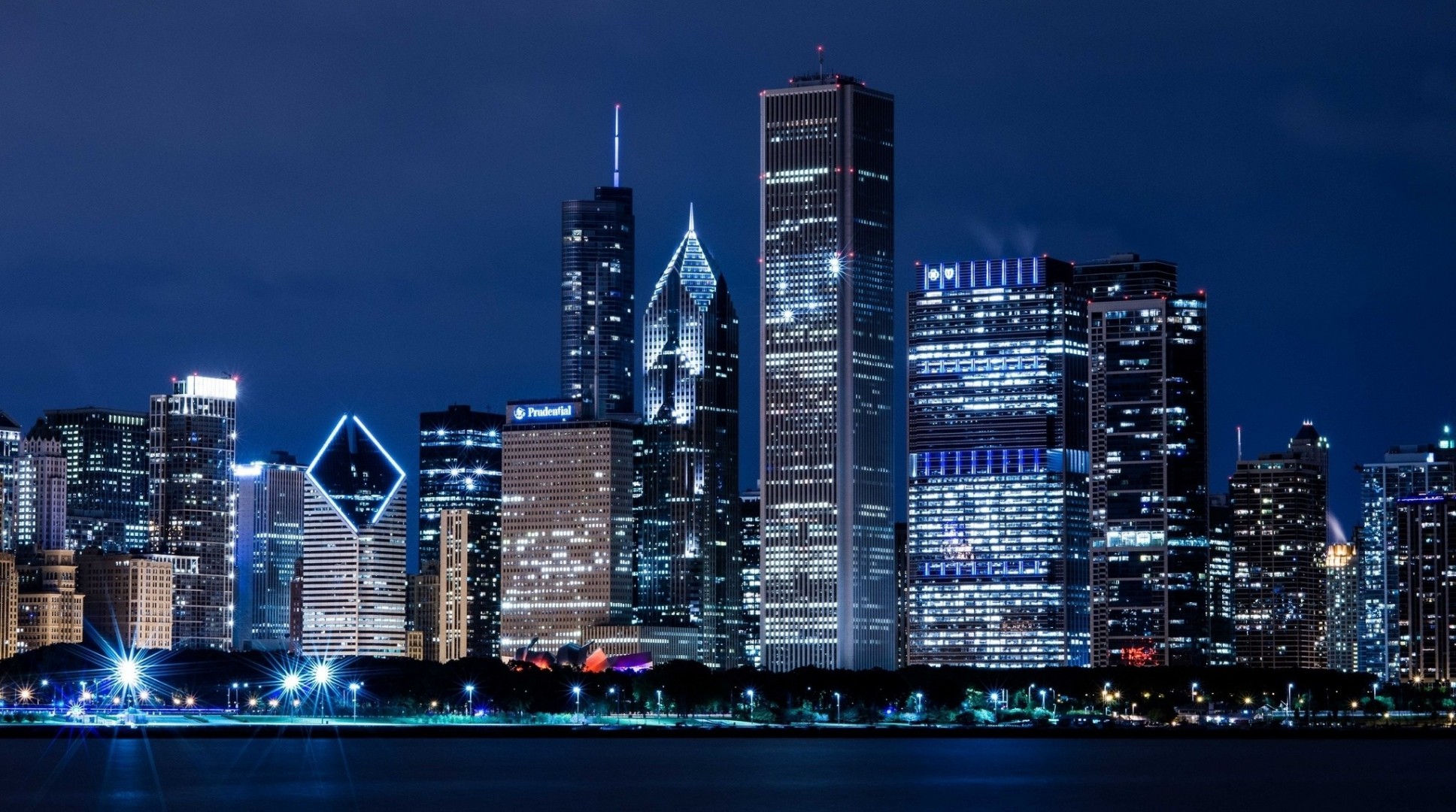 chicago ciudad noche río estados unidos illinois rascacielos edificio árboles casas